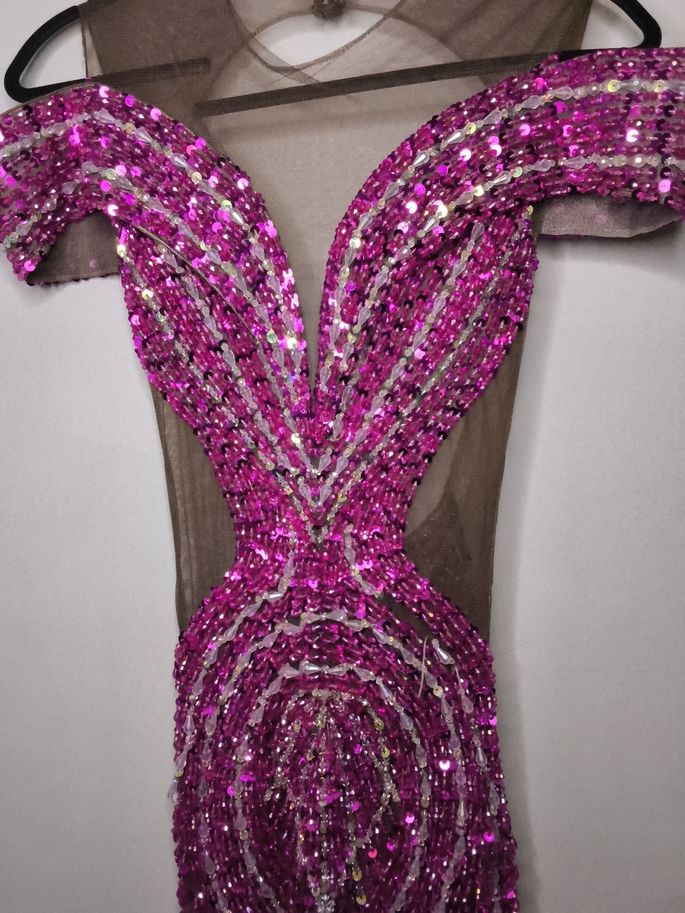 Sequined Fuchsia Evening Dress with Sheer Insets